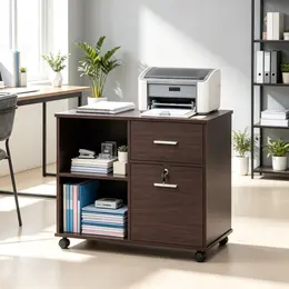 Product image of Lateral File Cabinet with Wheels, Open Shelves, and Drawers