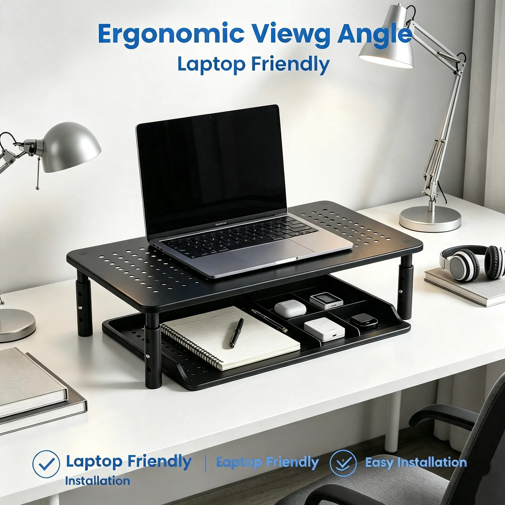 Main product image of 3-Level Adjustable Computer Monitor Stand, Metal Mesh Ventilated Riser, 44 Lbs Max Load