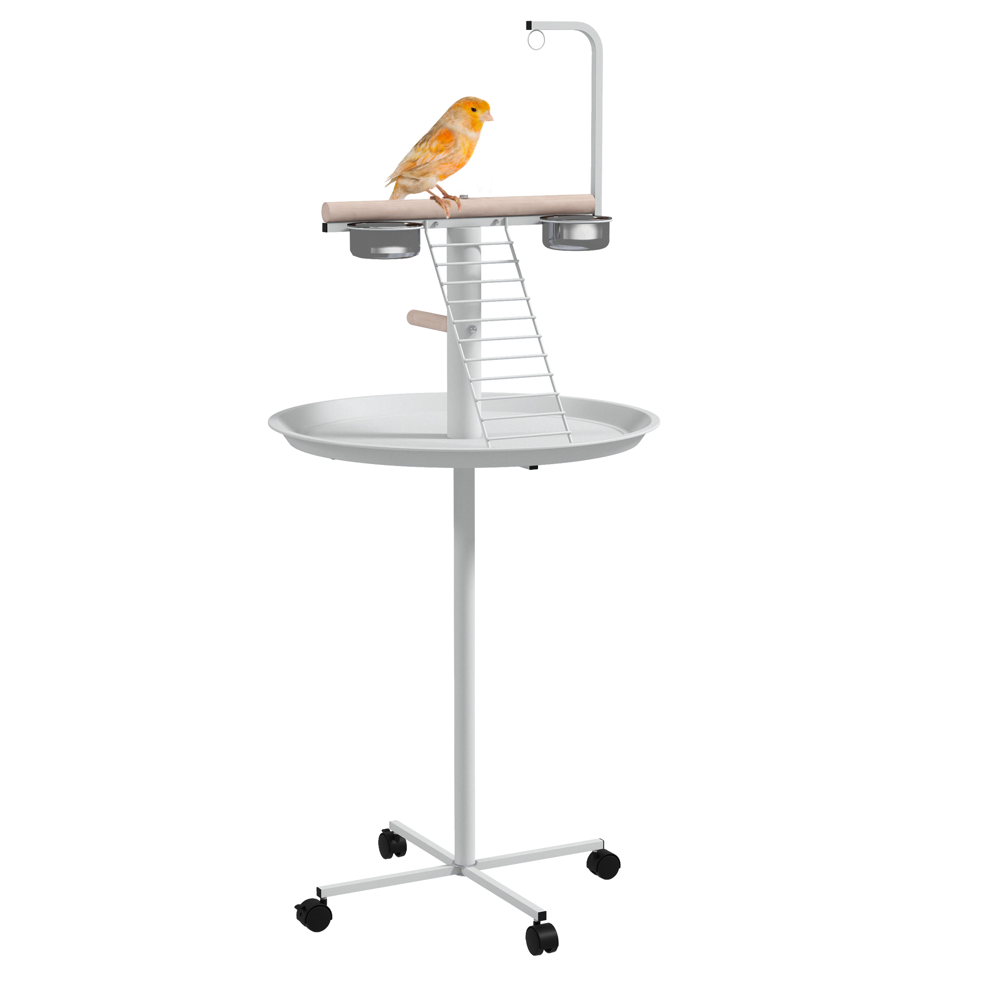 Main product image of White Mobile Bird Stand with Perches, Stainless Bowls