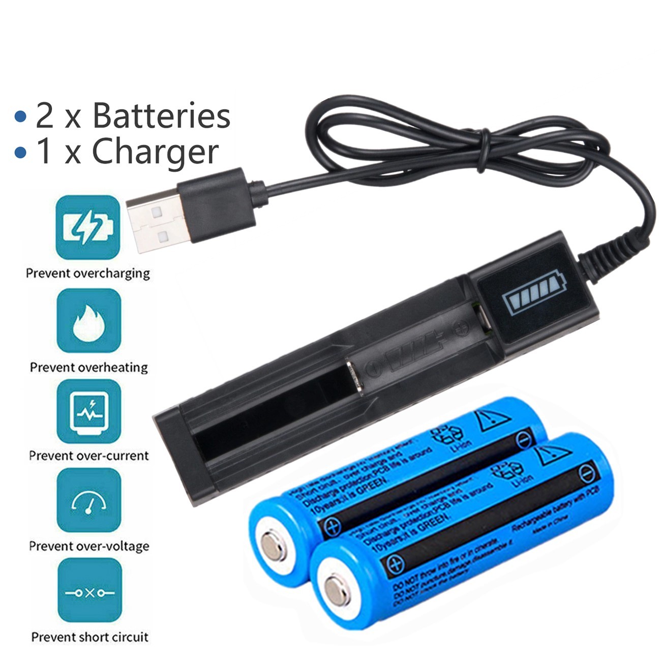 Main product image of 18650 Li-ion Battery, 3000mAh 3.7V, with USB Charger