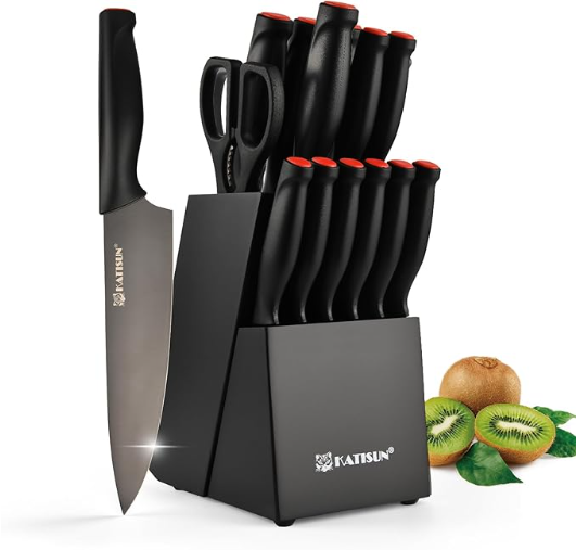 Main product image of 15-Piece Knife Set, Black Titanium Stainless Steel, Block with Sharpener