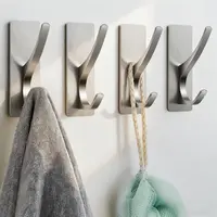 Product image of Self-Adhesive Towel Hooks, 13 lb Stainless Steel, Brushed Nickel, 4-Pack