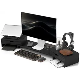 Product image of 116cm Dual Monitor Stand with 2 Drawers, Adjustable Length/Angle, Black