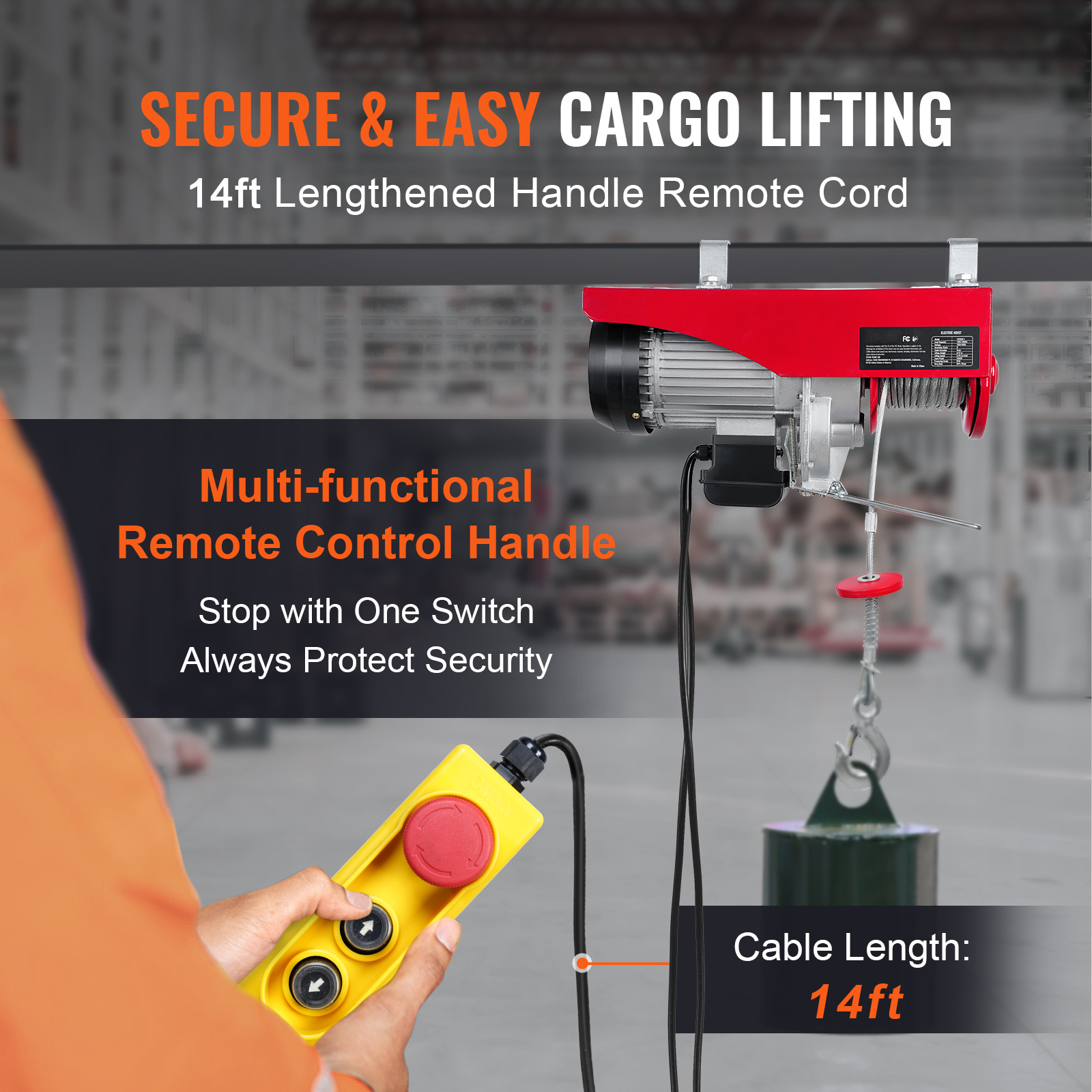 Main product image of VEVOR Electric Hoist, 1320 Lbs, 1150W 110V, 40ft Lift, 14ft Wired Remote
