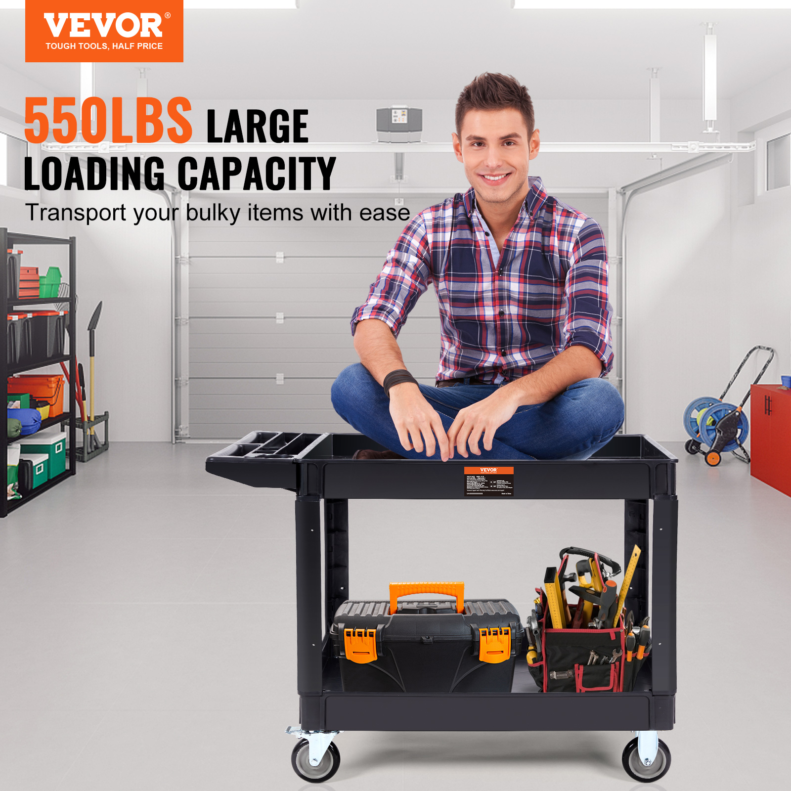 Main product image of VEVOR 2-Shelf Plastic Utility Cart, 550 lbs, Lipped Shelf, Handle, Swivel Wheels, 2 Braking