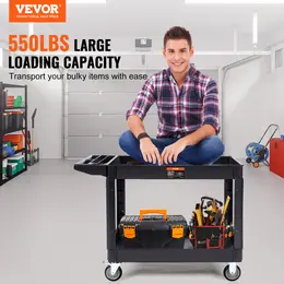 Product image of VEVOR 2-Shelf Plastic Utility Cart, 550 lbs, Lipped Shelf, Handle, Swivel Wheels, 2 Braking