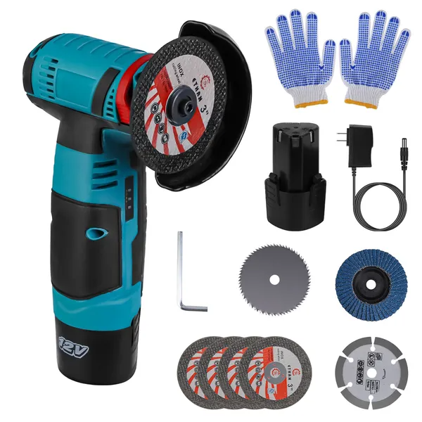 Main product image of 12V Cordless Mini Angle Grinder Kit, 7 Discs, 2x 1100mAh Batteries, Charger