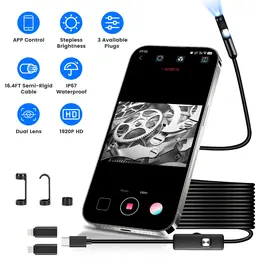 Product image of 1920P HD IP67 Endoscope Camera, 8mm Dual Lens, 16.4ft Semi-Rigid Cable