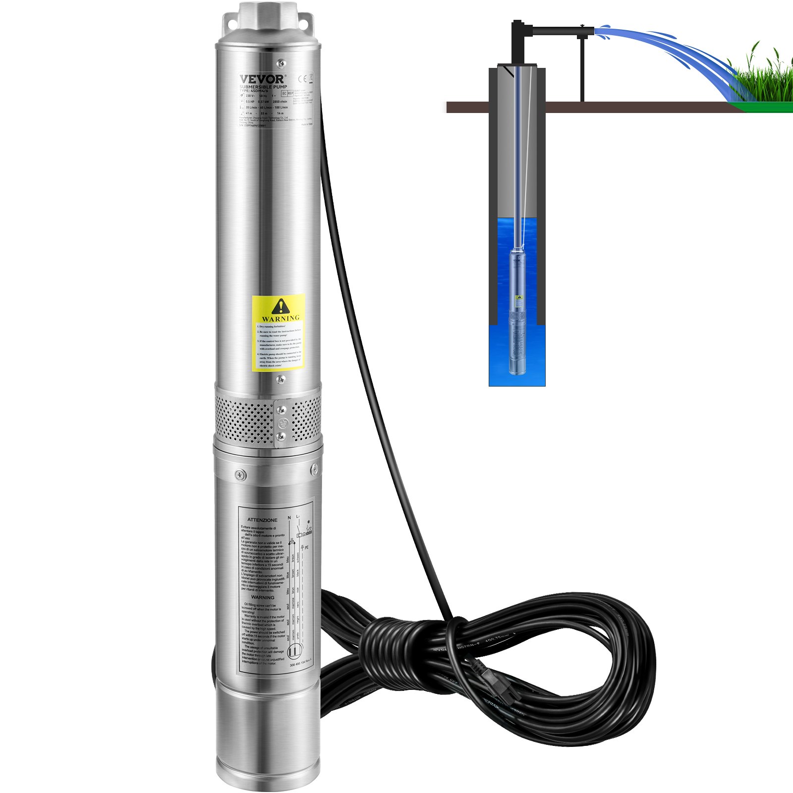Main product image of 4" Deep Well Submersible Pump, 1HP 115V/60Hz, 37gpm, 207ft Head, IP68