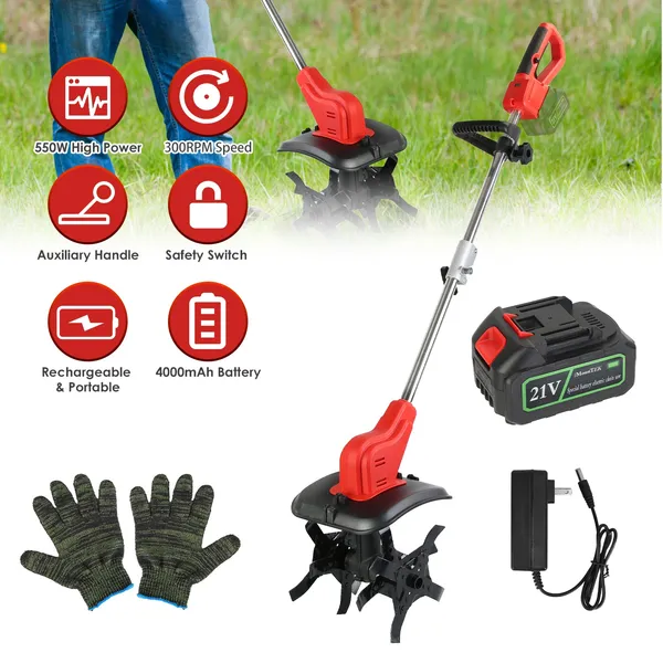 Main product image of 21V Cordless Tiller Cultivator, 4 Blades, 16 Steel Tines, 550W, 9-in Width & Depth