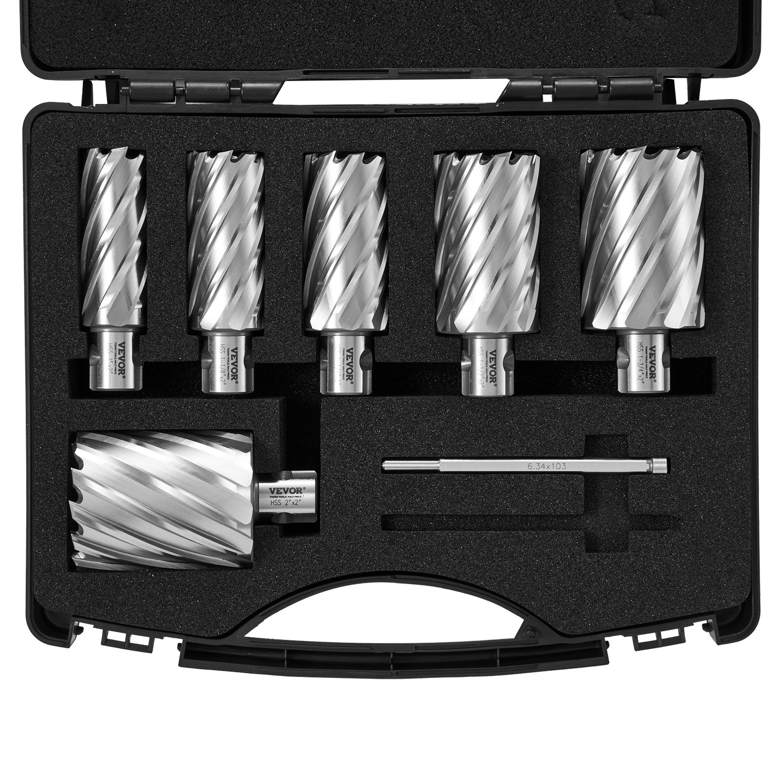 Main product image of 6 Pc M2AL HSS Annular Cutter Set, Universal Shank, 1-2 inch Diameter, 2 inch Depth, 2 Pilot Pins, Case