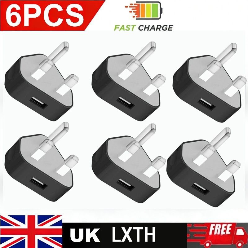 Main product image of UK 3-Pin USB Wall Charger Adapter, 6-Pack