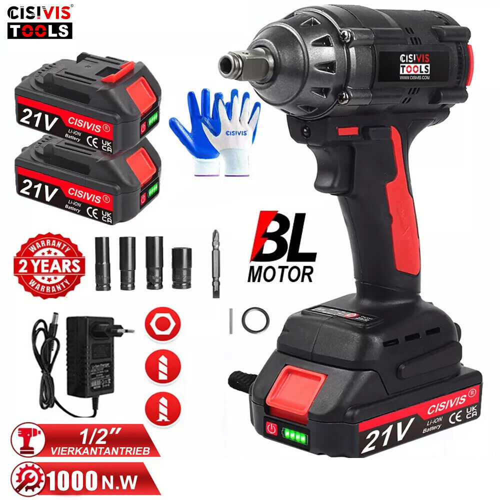 Main product image of 21V Cordless Brushless Impact Wrench, 1000Nm, with 2x 3000mAh Batteries and Sockets