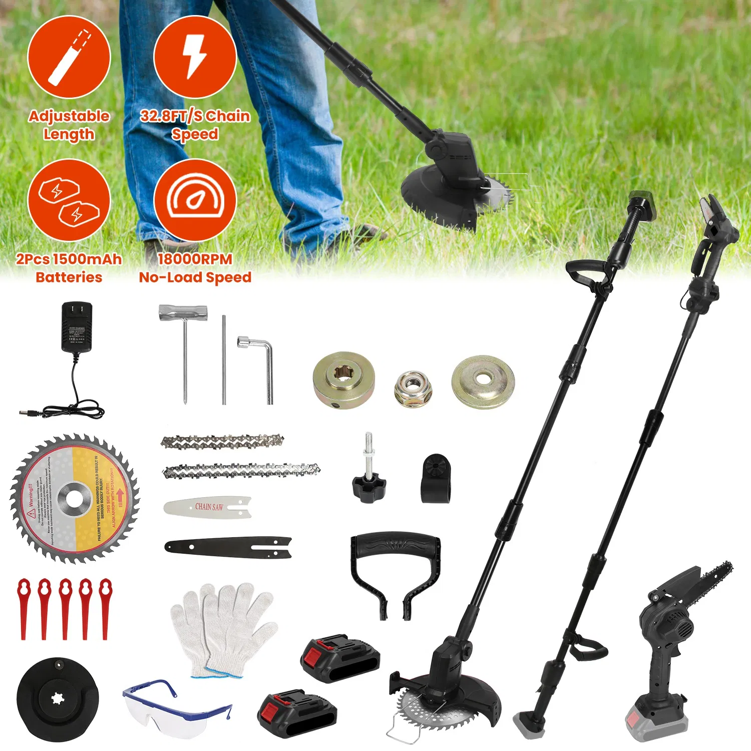 Main product image of Cordless Pole Saw, Mini Chainsaw, Grass Trimmer, 21V 1500mAh x2, 4/6in Chain