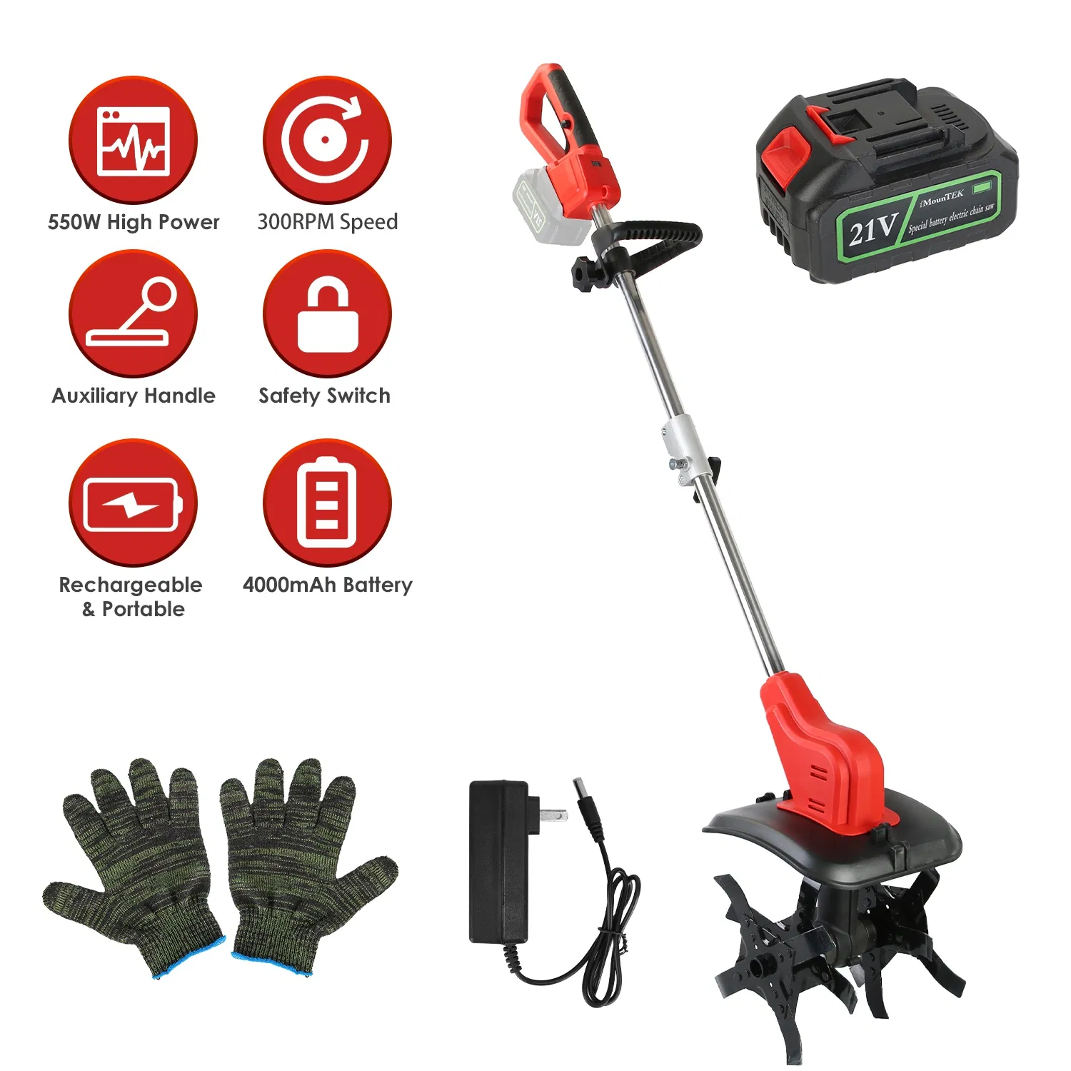Main product image of Cordless Electric Tiller, 550W, 300RPM, 16 Steel Tines, 4000mAh Battery