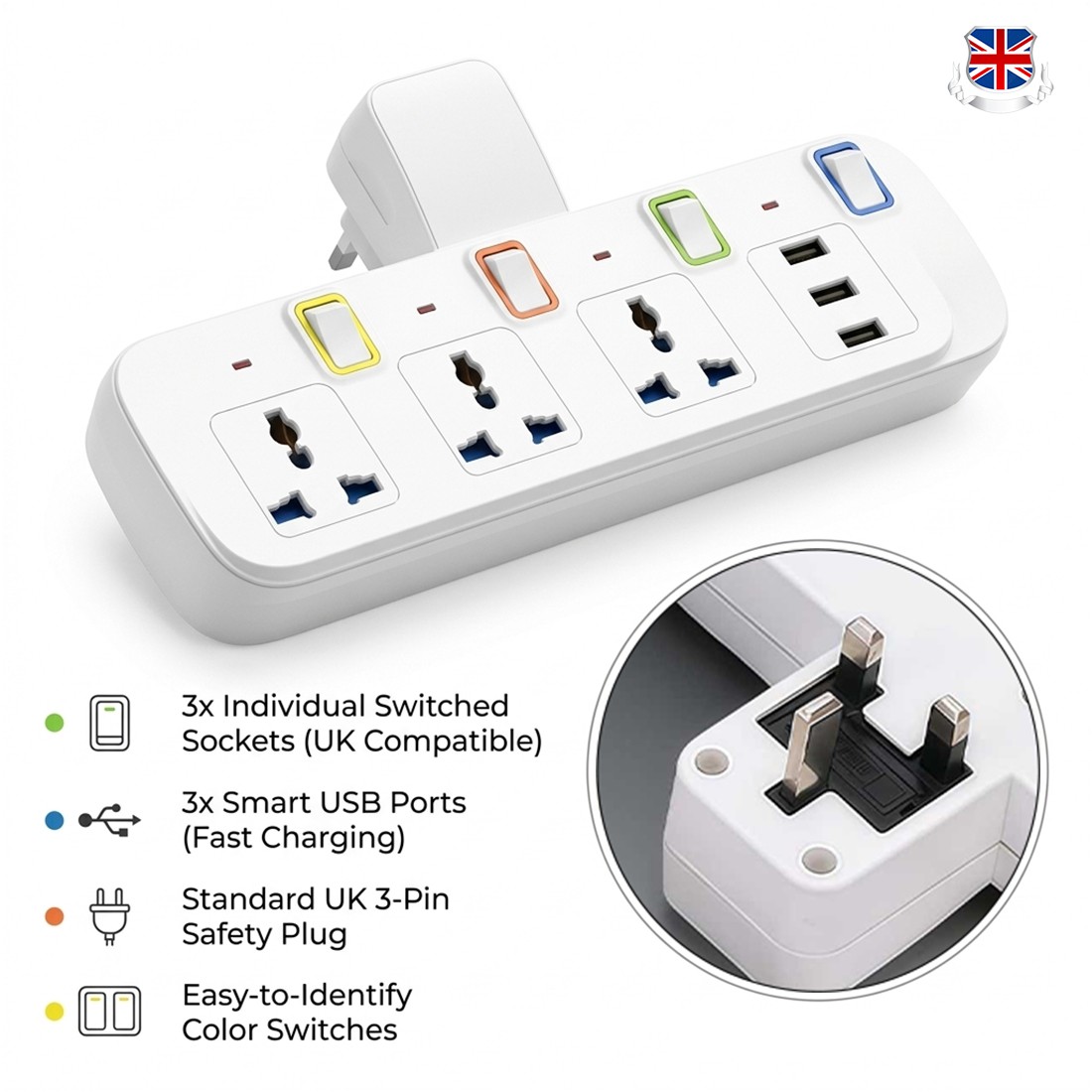 Main product image of Wall Outlet Adapter with 3 Switched AC Outlets and 3 USB Ports