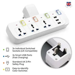 Product image of Wall Outlet Adapter with 3 Switched AC Outlets and 3 USB Ports