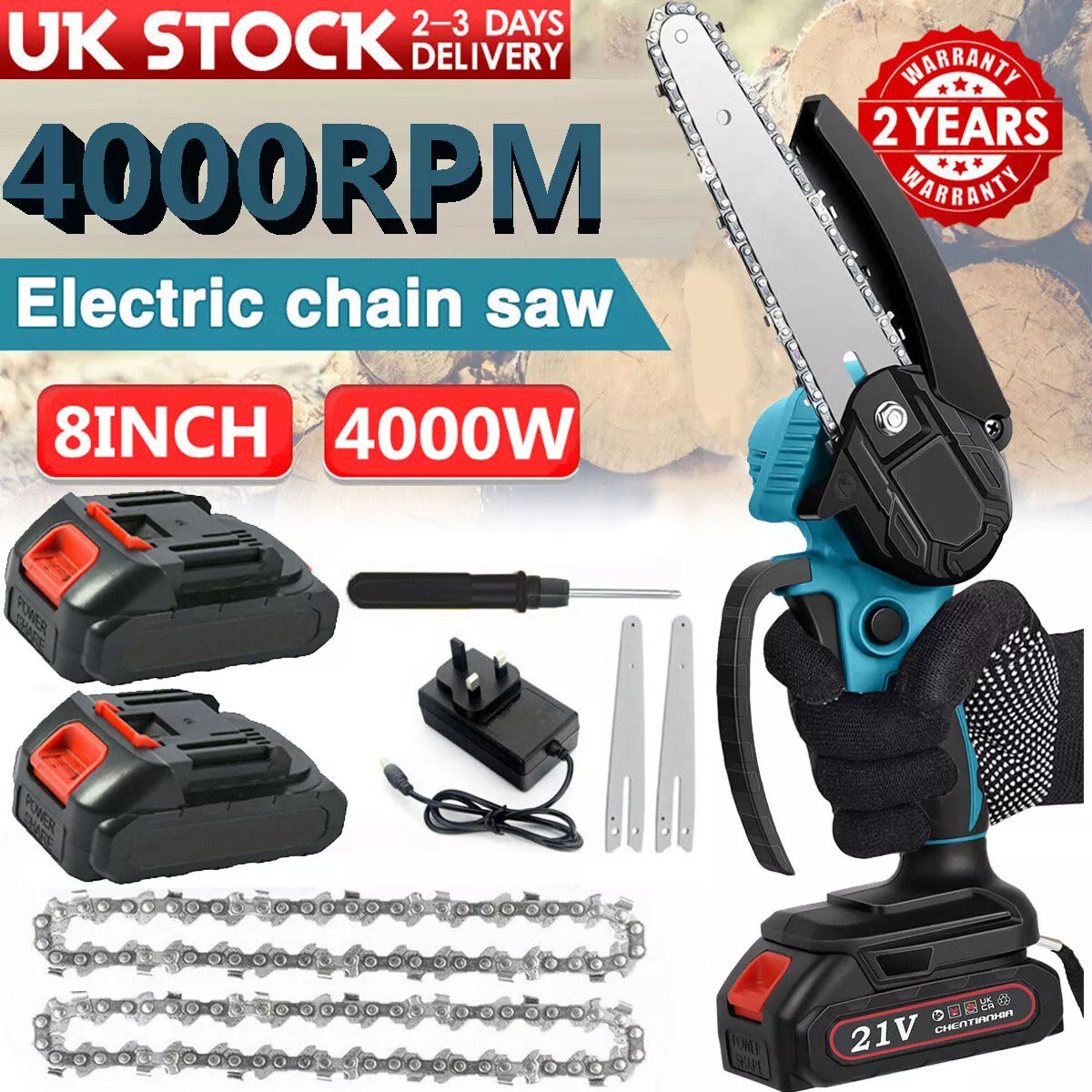 Main product image of 8 Inch Cordless Chainsaw, 21V Li-Ion, 2 Batteries, Charger