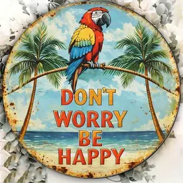 Product image of Round Decorative Sign with 'Don't Worry Be Happy' Parrot Graphic