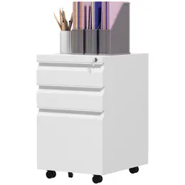 Product image of 3-Drawer Steel File Cabinet, Lock, 5 Wheels, A4/Legal/Letter Files, Printer Stand, White