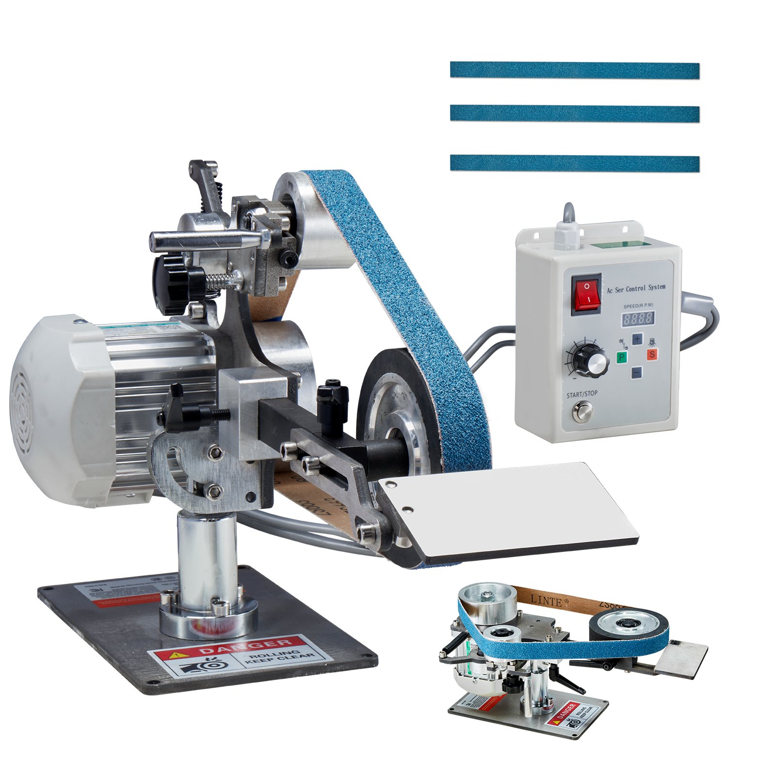 Main product image of 30 x 1-Inch Variable Speed Belt Grinder with VFD, 550W, 2 Moulds, 3 Belts