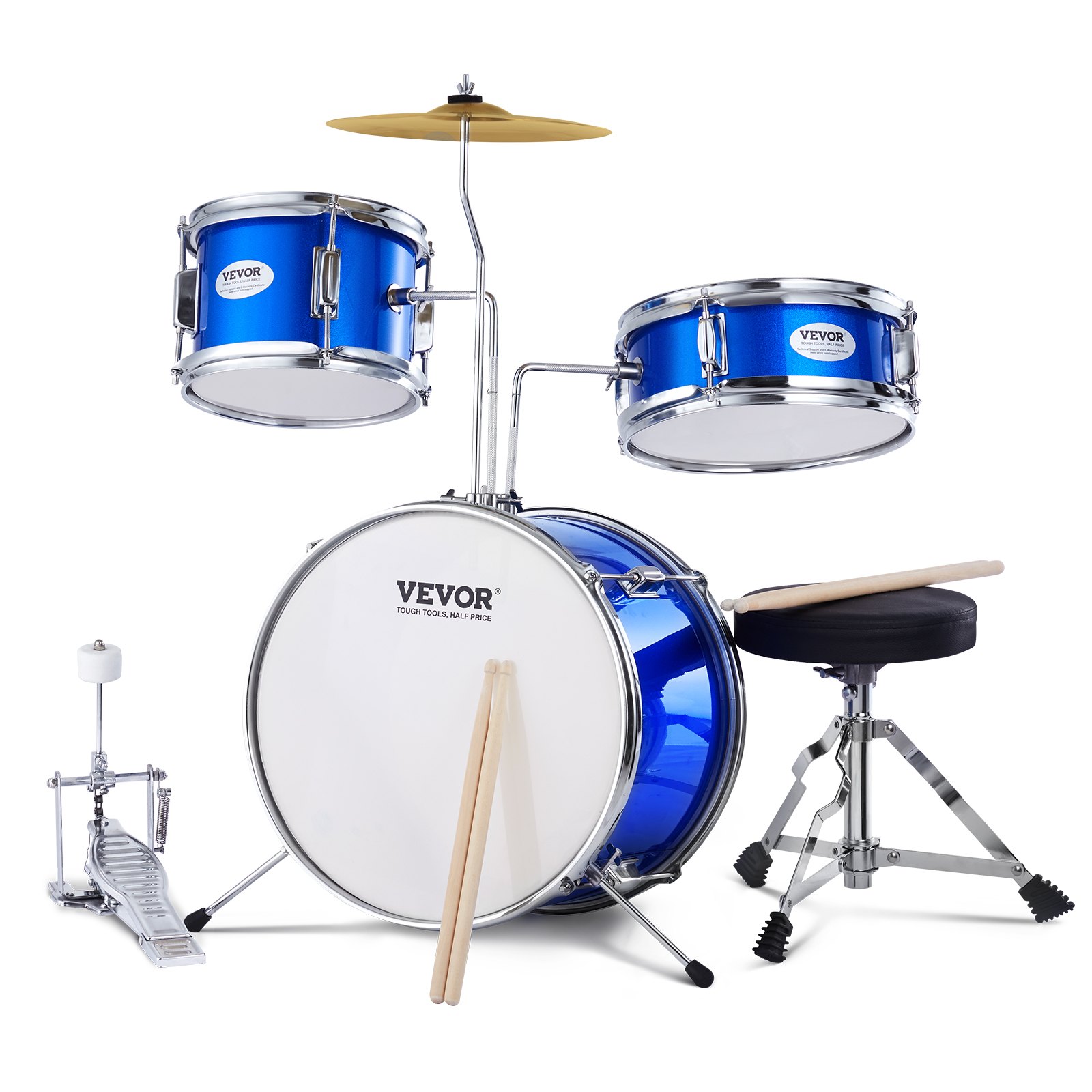 Main product image of 3-Piece Kids Drum Set, Blue, 8in Tom, 10in Snare, 14in Bass, w/ Throne & Cymbals