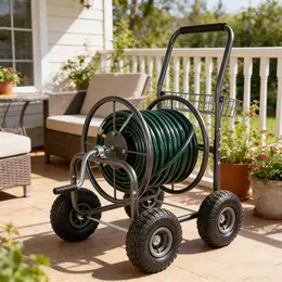 Product image of 4-Wheel Garden Hose Reel Cart with Storage Basket