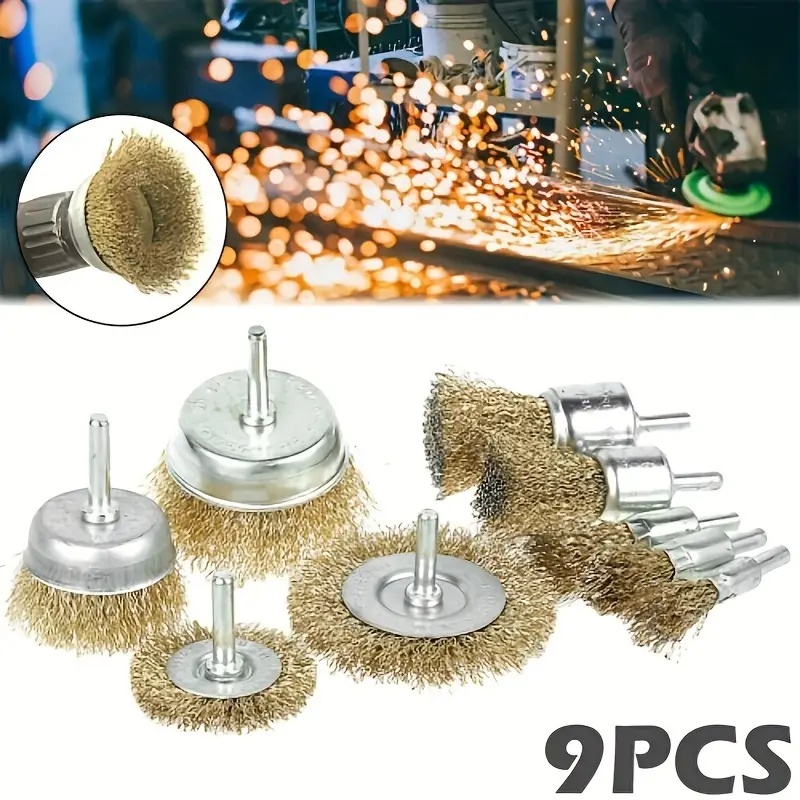 Main product image of Wire Brush Set for Drills, 9-Piece Round Handle, 13-Piece Hex Shank, Rust & Stripping