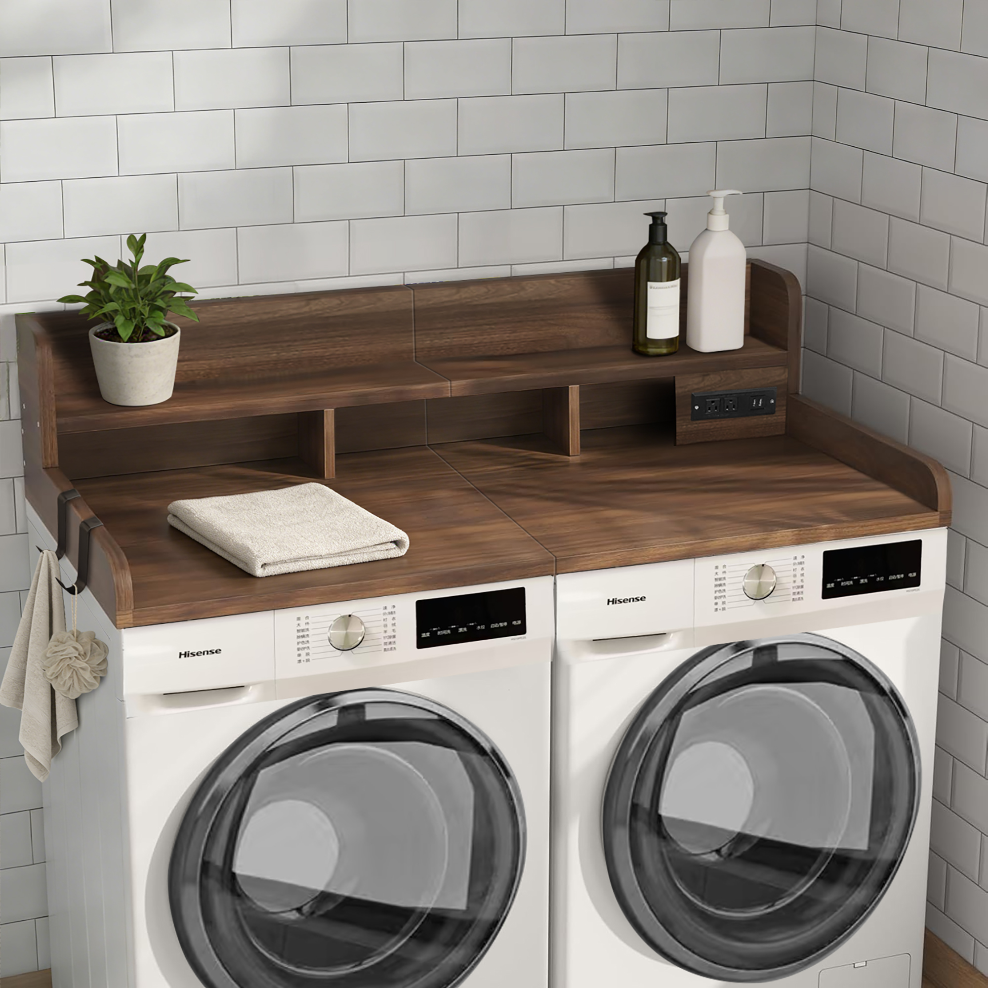 Main product image of 2-Tier Washer Dryer Countertop, 54W x 27.5D, with Power Outlet, Walnut