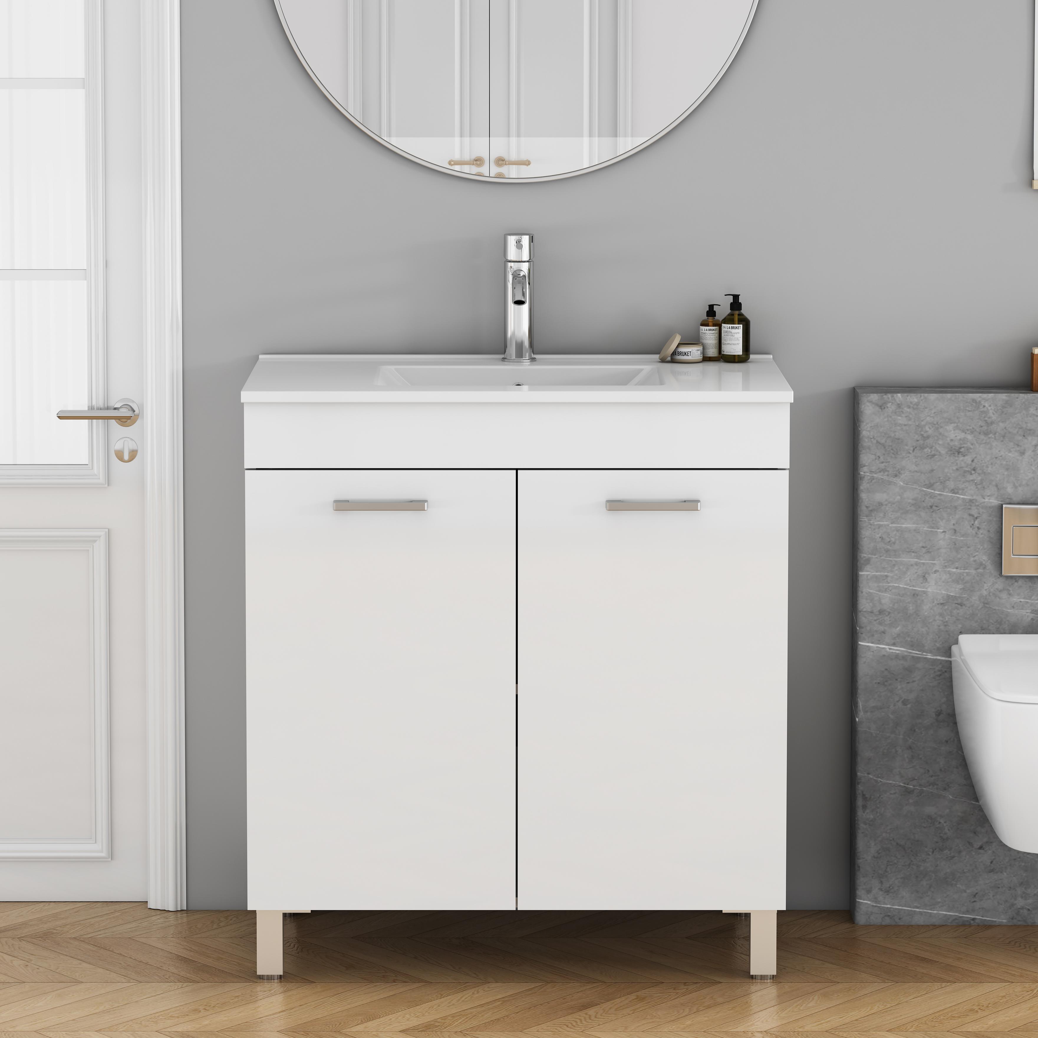 Main product image of 32-Inch Floor-Mounted Bathroom Vanity, Soft-Close Double Doors, Ceramic Basin, Adjustable Shelf, White