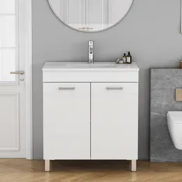 Product image of 32-Inch Floor-Mounted Bathroom Vanity, Soft-Close Double Doors, Ceramic Basin, Adjustable Shelf, White