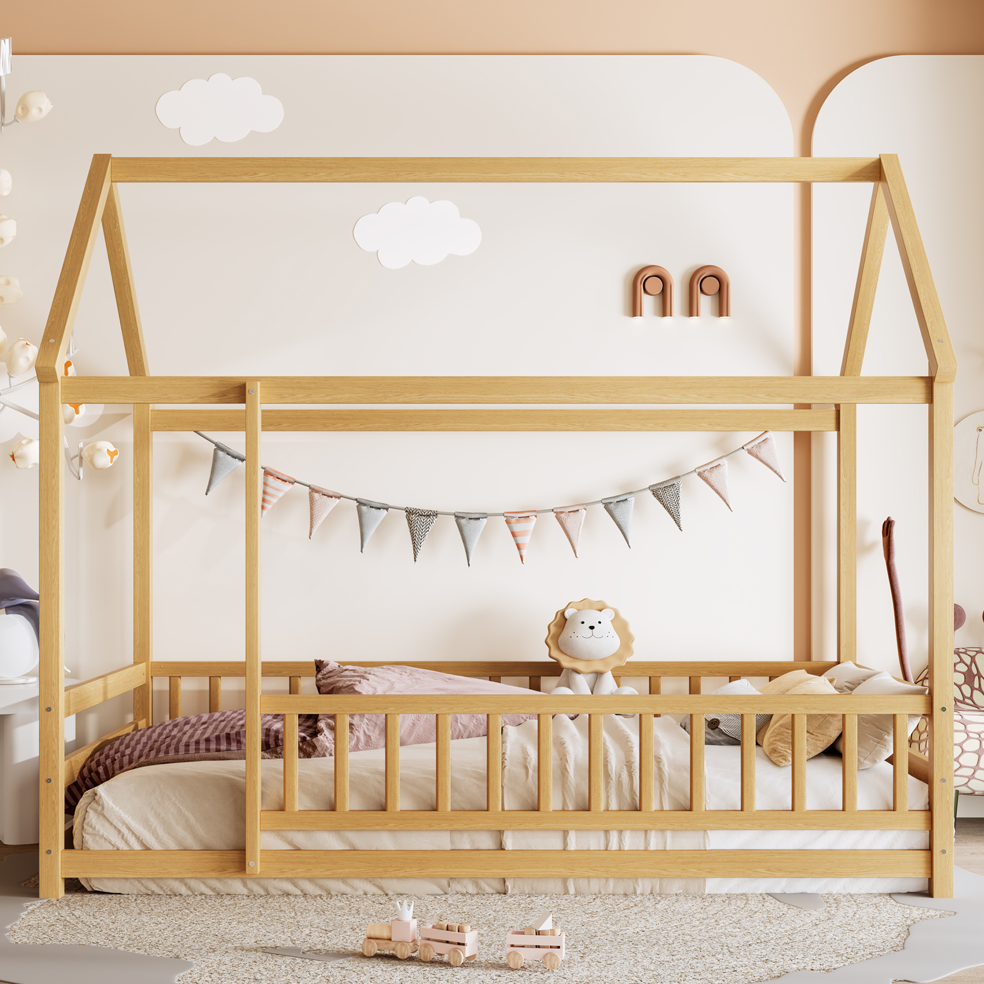Main product image of Twin Size Wooden Floor Bed with House Roof Frame and Guardrails, Natural