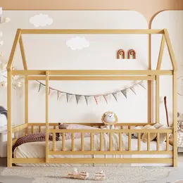 Product image of Twin Size Wooden Floor Bed with House Roof Frame and Guardrails, Natural