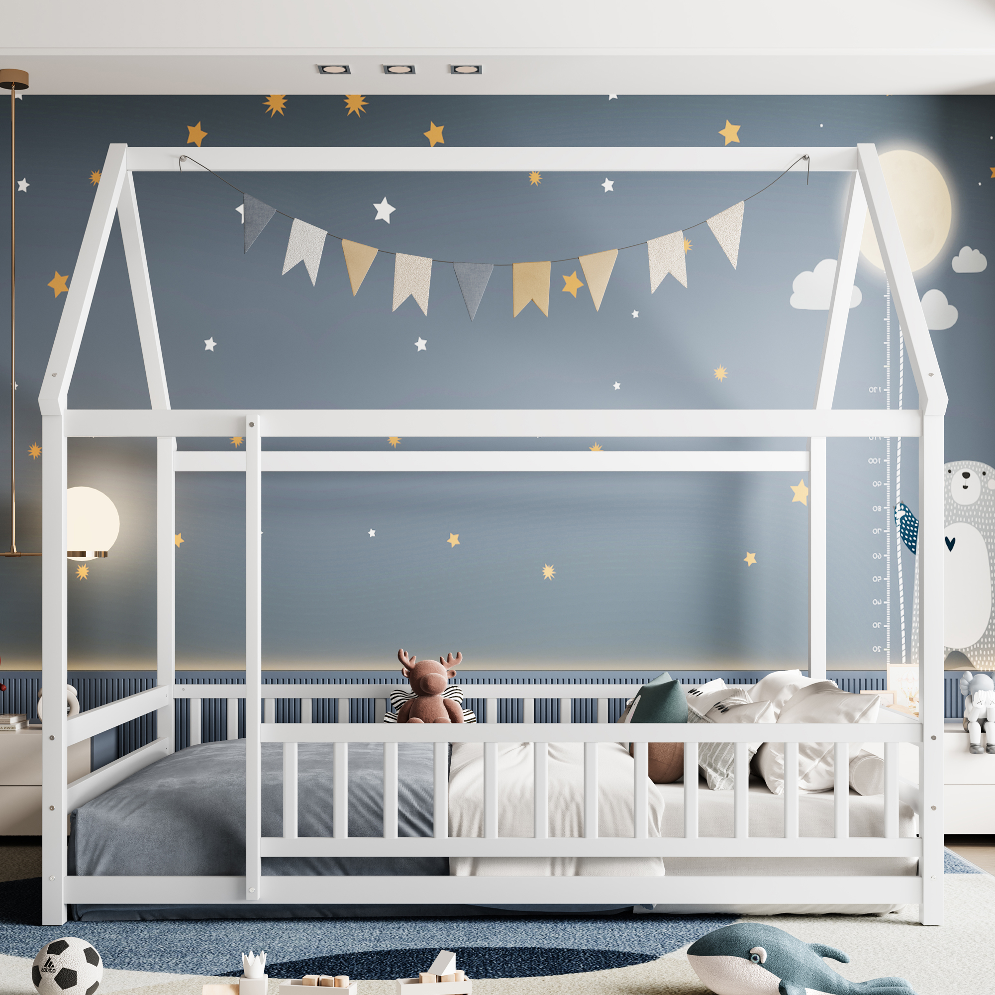 Main product image of Full Size White Wooden Floor Bed with House Roof Frame, Guardrails