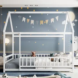 Product image of Full Size White Wooden Floor Bed with House Roof Frame, Guardrails