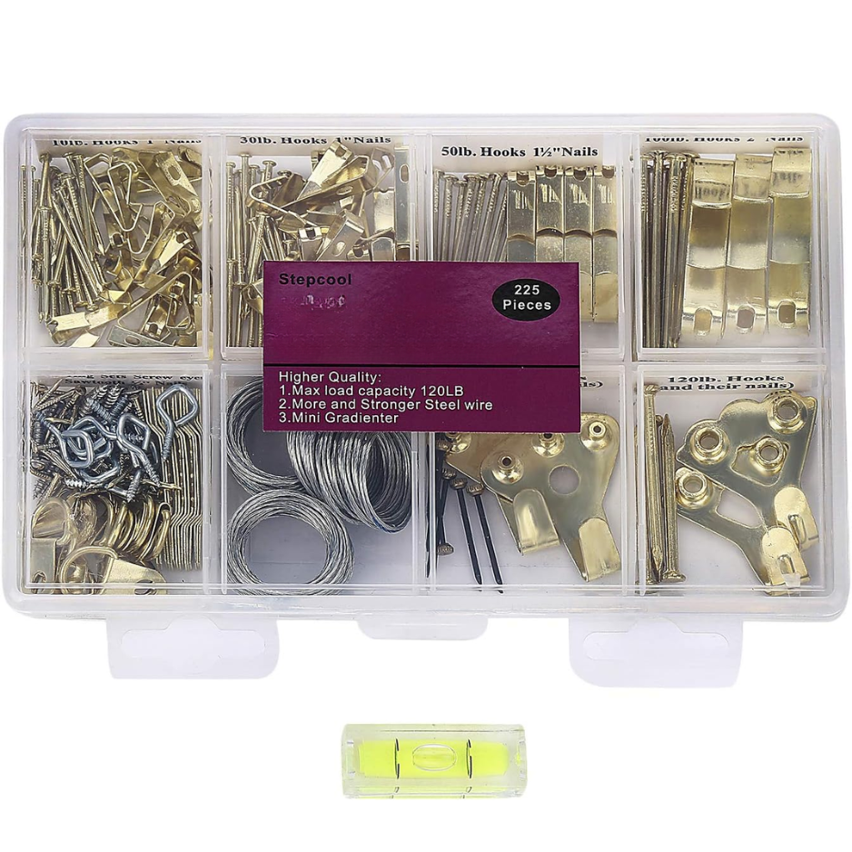 Main product image of 225-Piece Picture Hanging Kit: Hooks, Nails, Wire, Screw Eyes, D-Rings, Sawtooth