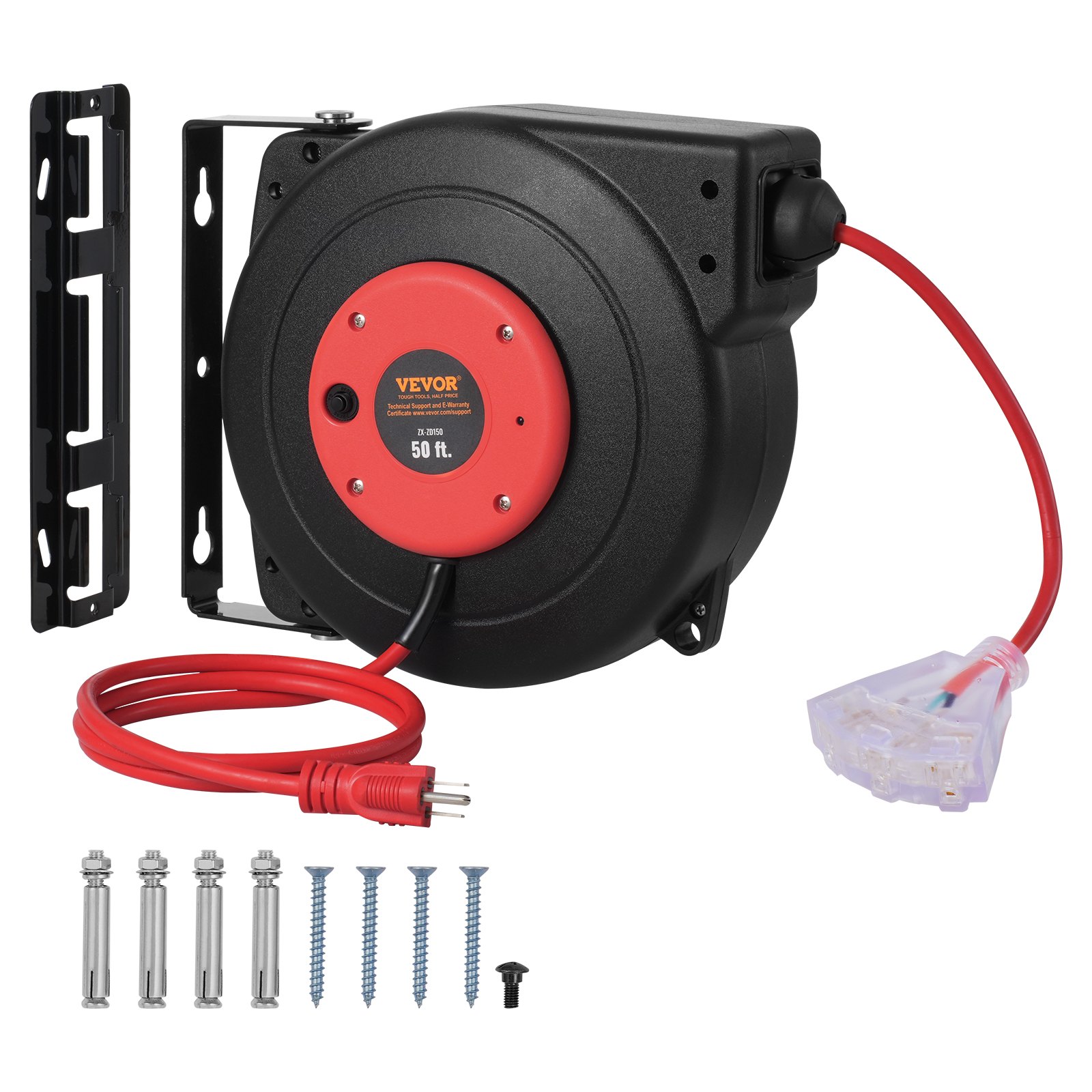 Main product image of VEVOR 15M (50 ft) 14/3 SJTOW Retractable Cord Reel, Triple Outlet, 13A Breaker