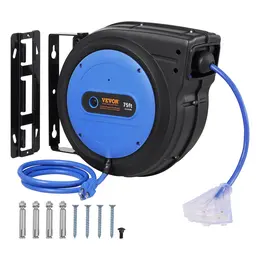 Product image of 75 ft Retractable Extension Cord Reel, 13A Breaker, Triple Outlet, 125V 1625W