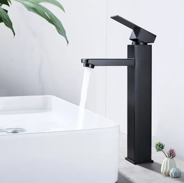 Main product image of Black High Spout Stainless Steel Countertop Basin Mixer Faucet with Square Handle