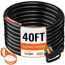 Product image of 40 ft 50A RV Generator Power Cord, 6/3+8/1 AWG, NEMA 14-50P to Bare Wire