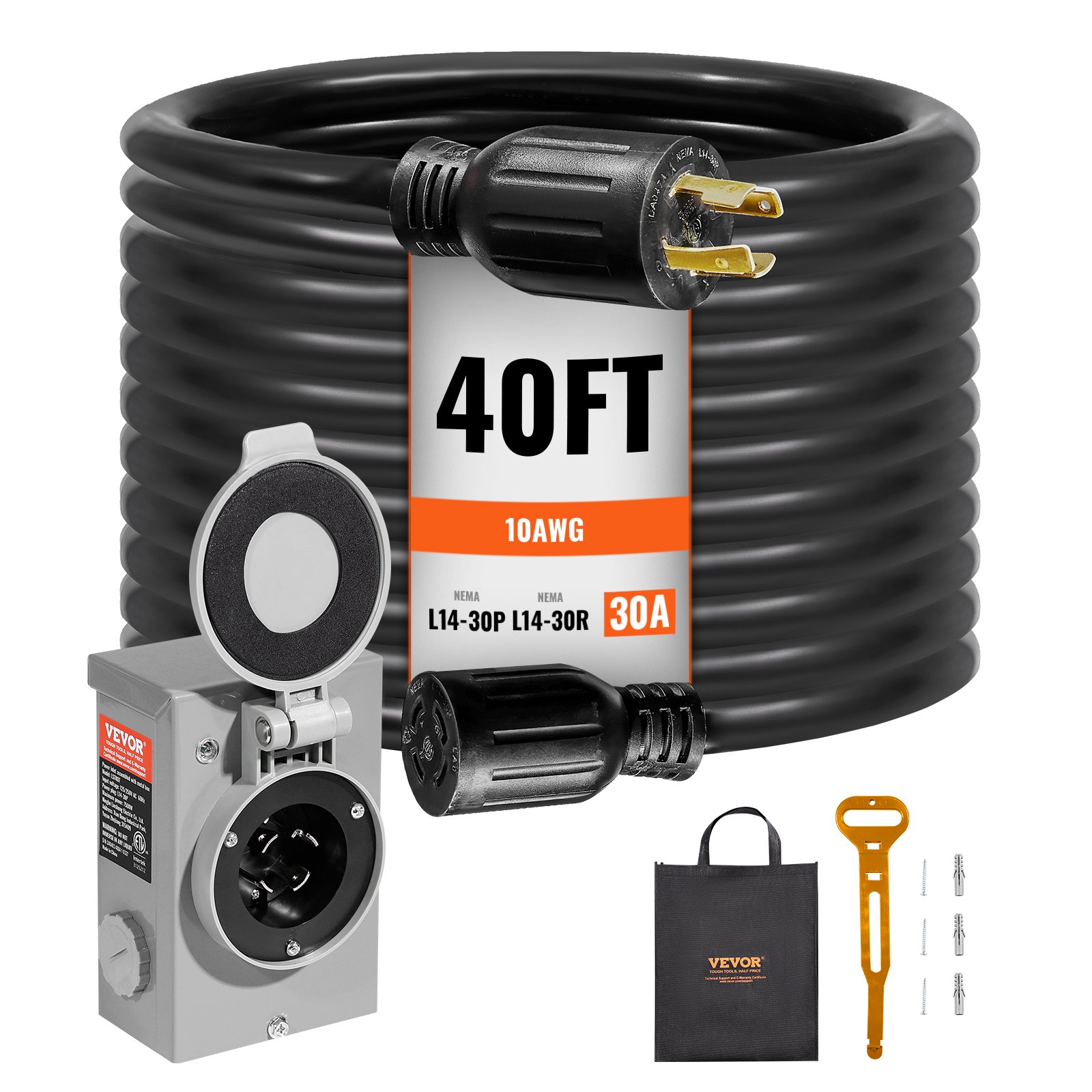 Main product image of Generator Power Cord and Inlet Box Kit, 30 Amp, 40 ft, NEMA L14-30P/L14-30R STW, 10 AWG