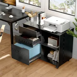 Product image of Black 3-Drawer Rolling File Cabinet and Printer Stand with Open Shelves