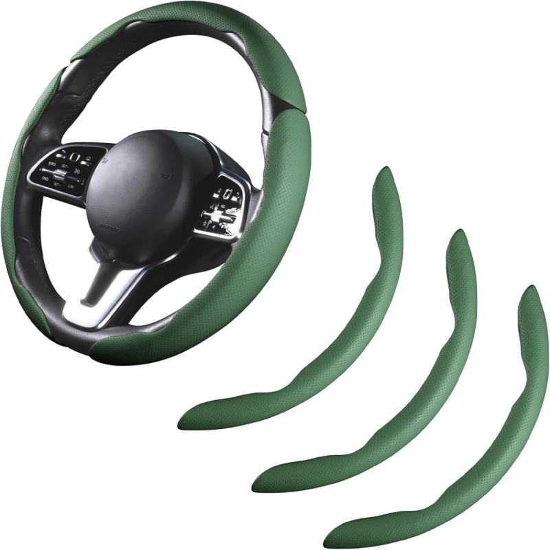 Main product image of Universal Green Leather Snap-On Non-Slip Steering Wheel Cover, 3-Piece Set