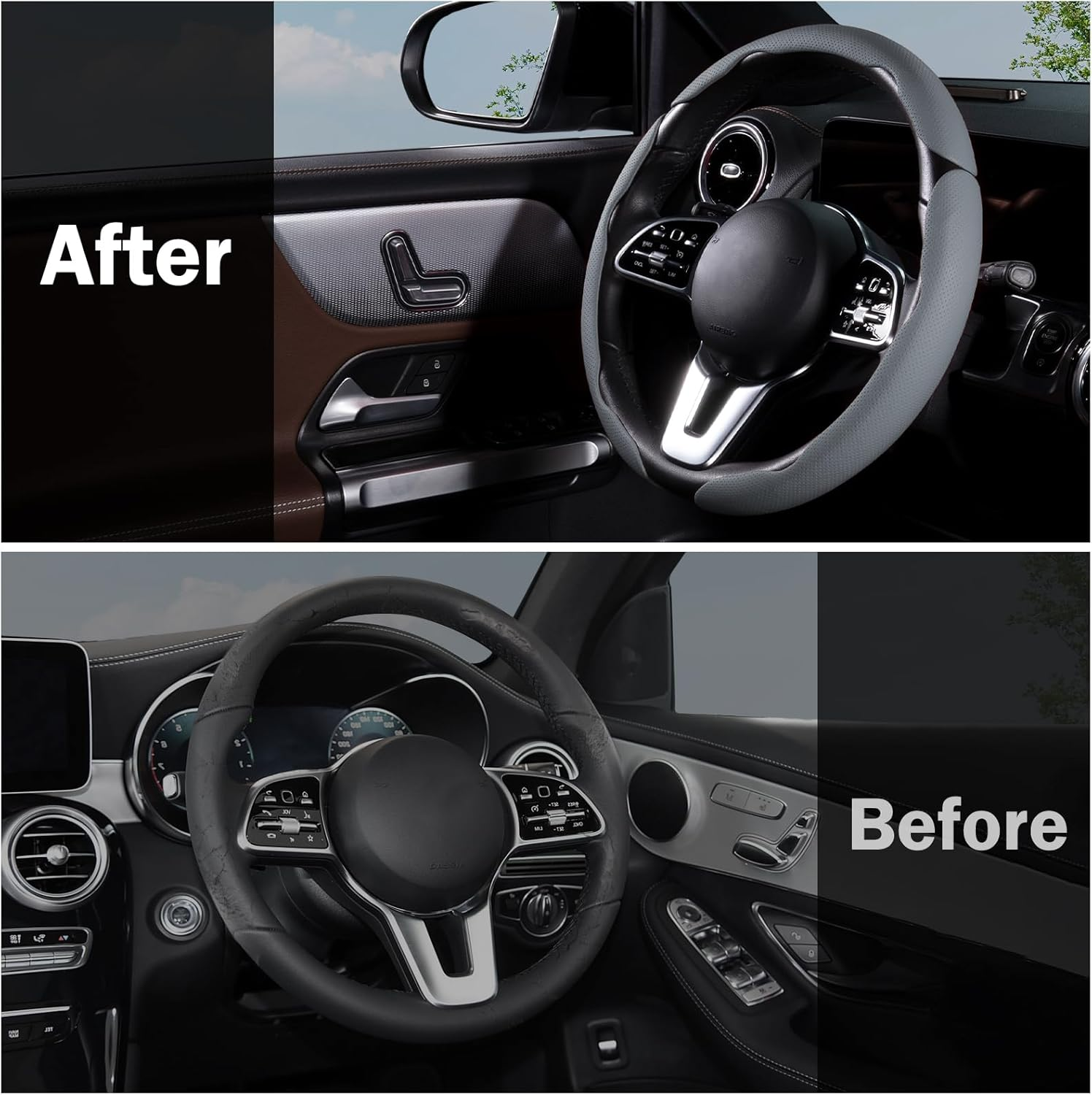 Main product image of Leather Snap-on Steering Wheel Cover, 3-Piece Set, Universal Fit, Gray