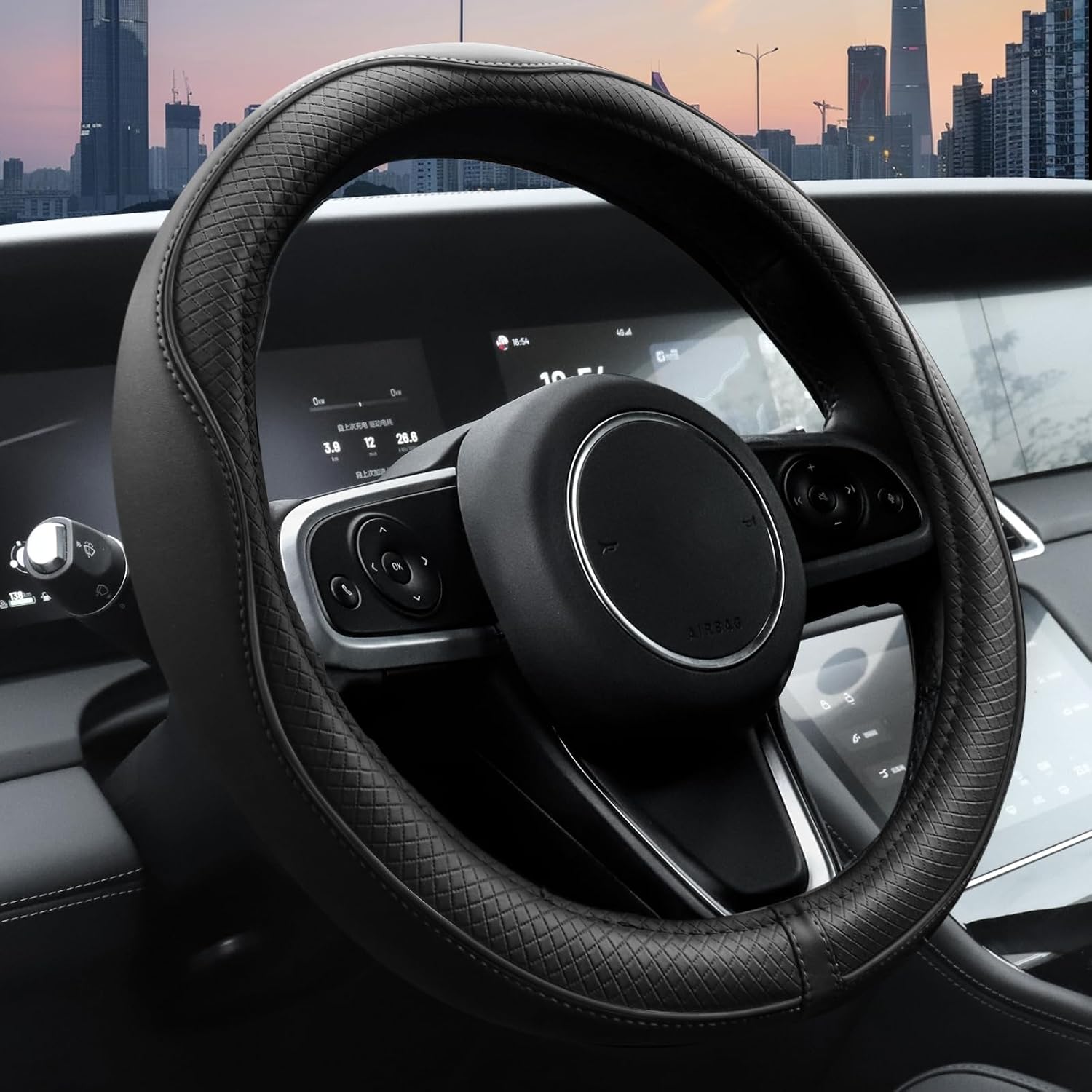 Main product image of Microfiber Leather Steering Wheel Cover, 14.5-15 Inch, Black