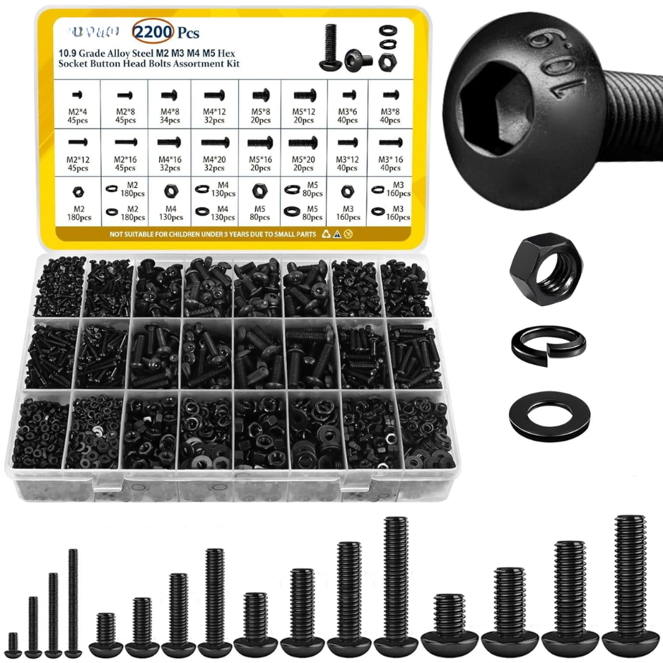 Main product image of 2200 Pc M2 M3 M4 M5 Metric Button Head Hex Socket Screw Assortment, 10.9 Alloy Steel