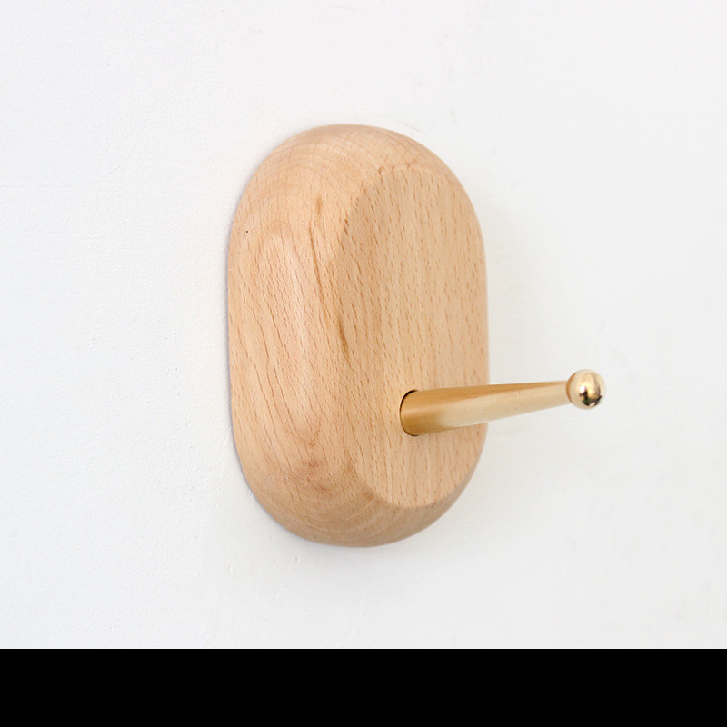 Main product image of Beech and Brass Wall Hook, No-Drill Installation
