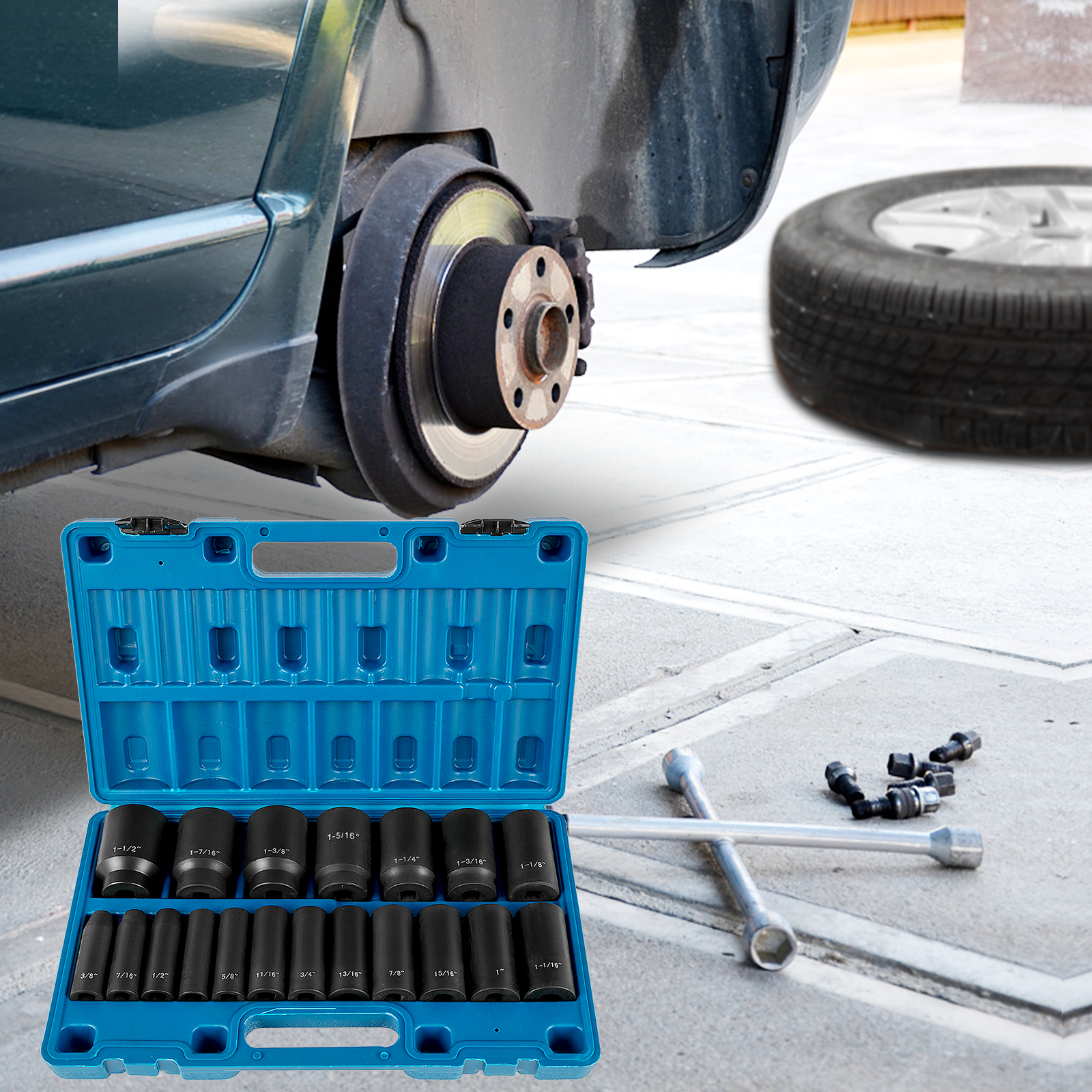 Main product image of VEVOR 19-Piece Cr-V 6-Point Deep Impact Socket Set with Case