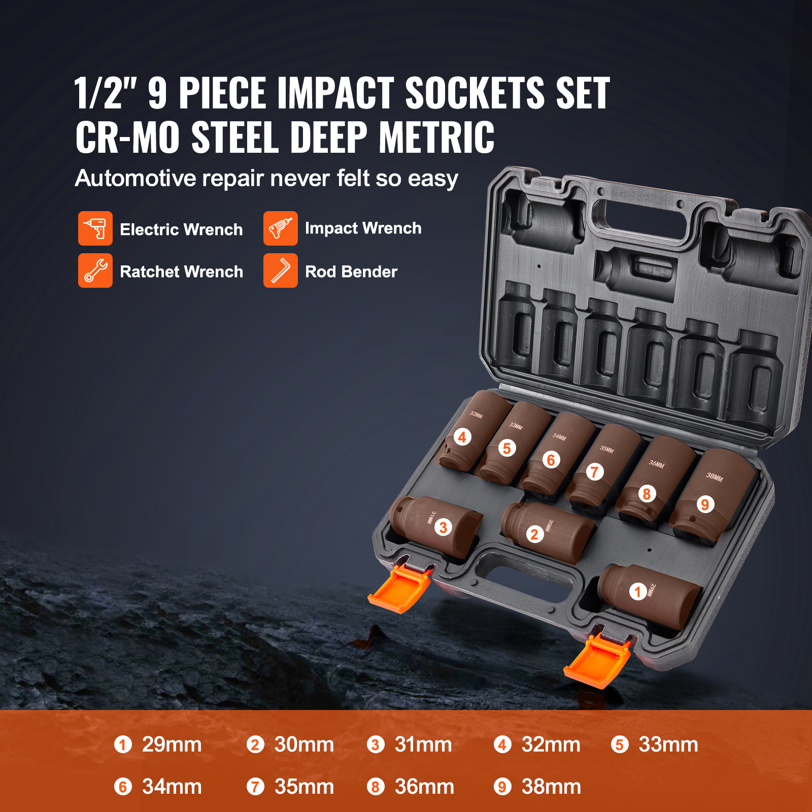 Main product image of VEVOR 9-Piece Deep Drive Impact Socket Set, Metric 29-38mm, 6-Point Cr-Mo Steel
