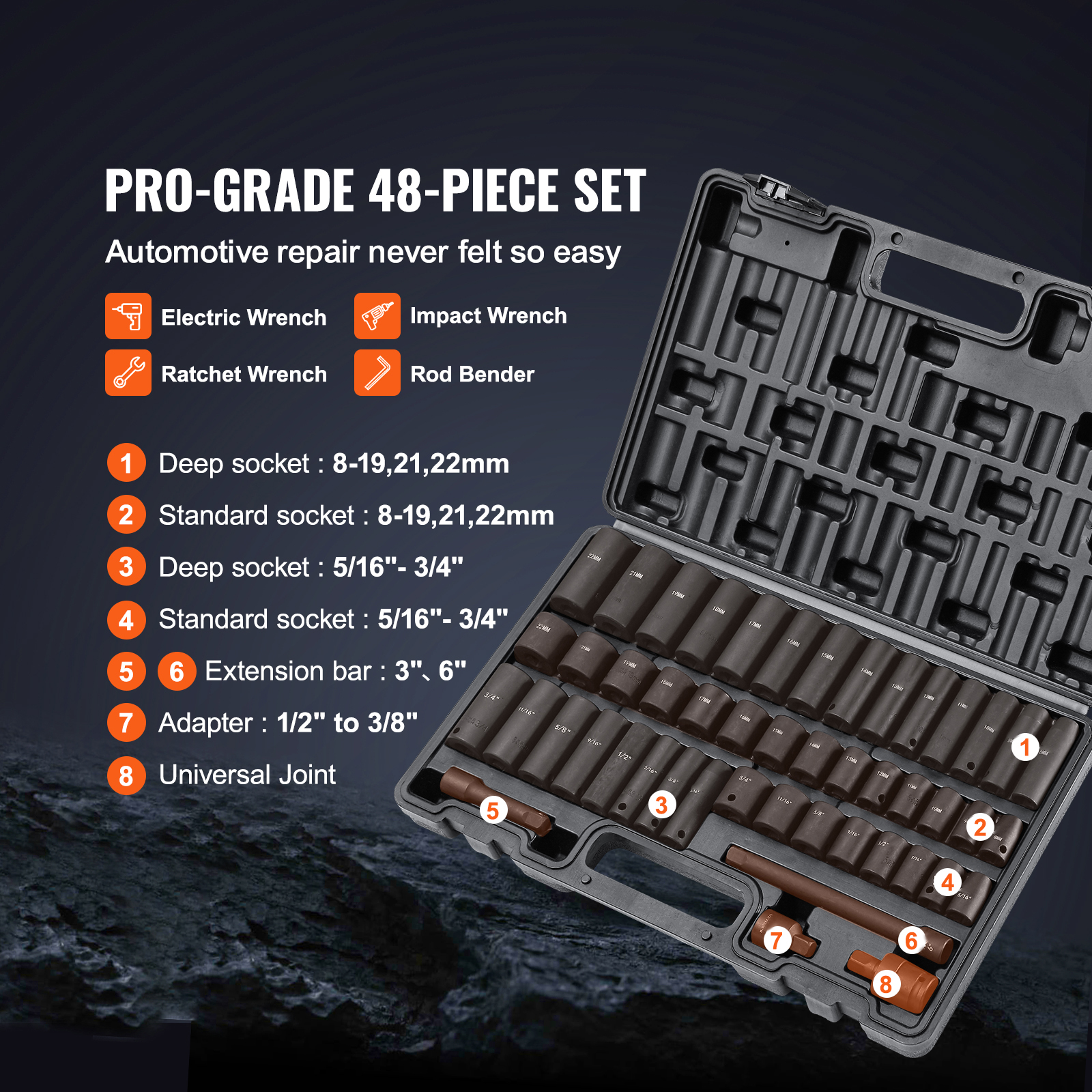 Main product image of VEVOR 48-Piece Impact Socket Set, SAE & Metric 8-22mm, 6-Point Cr-V